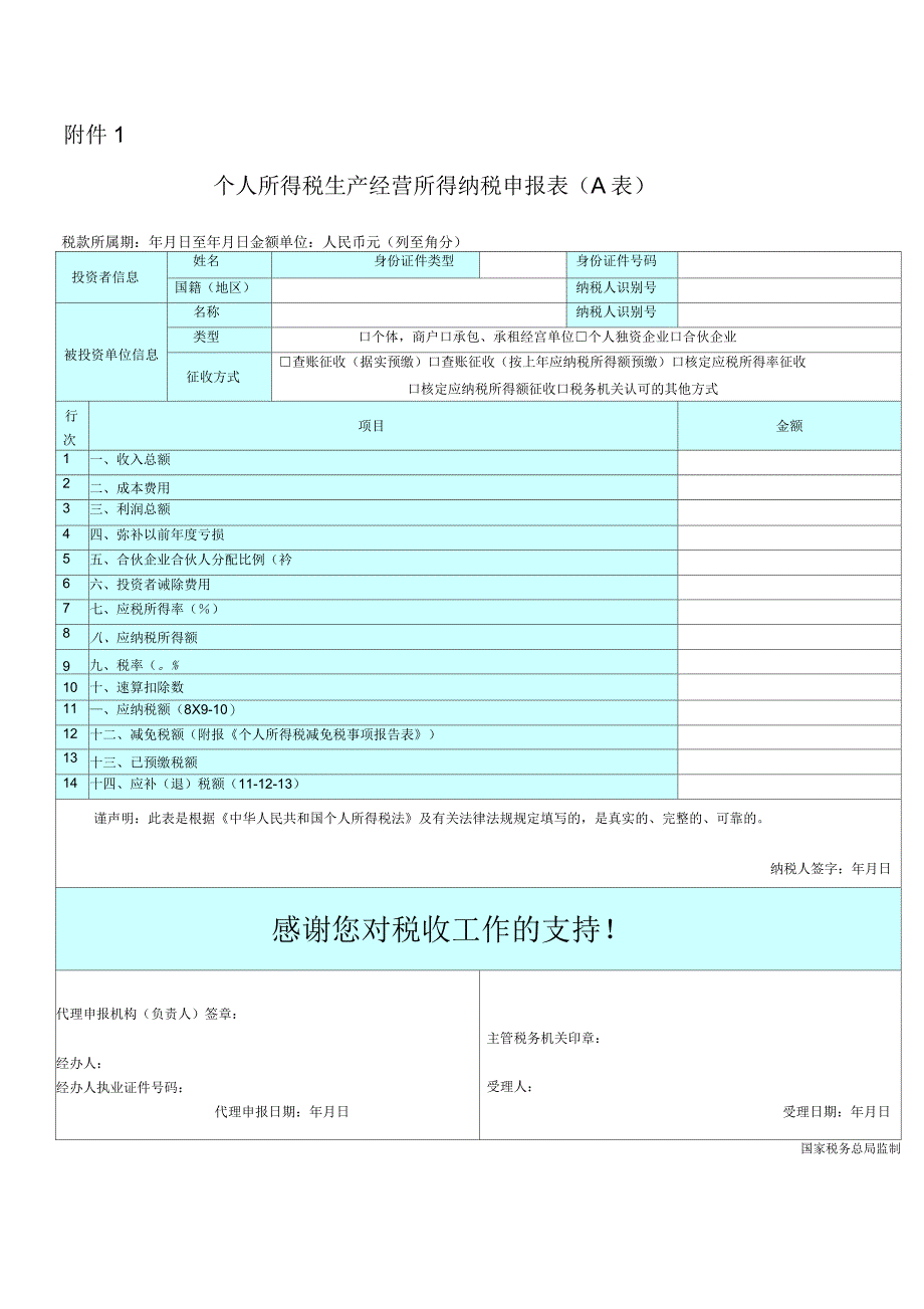 个人所得税生产经营所得纳税申报表A表_第1页