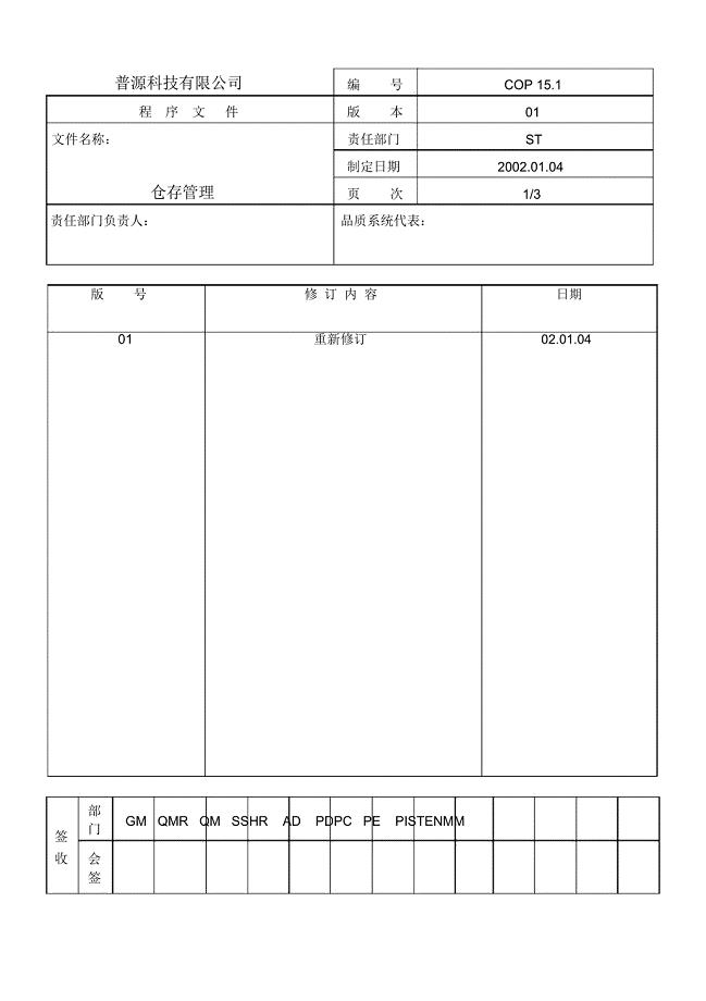 质量体系编写表格Cop15-1
