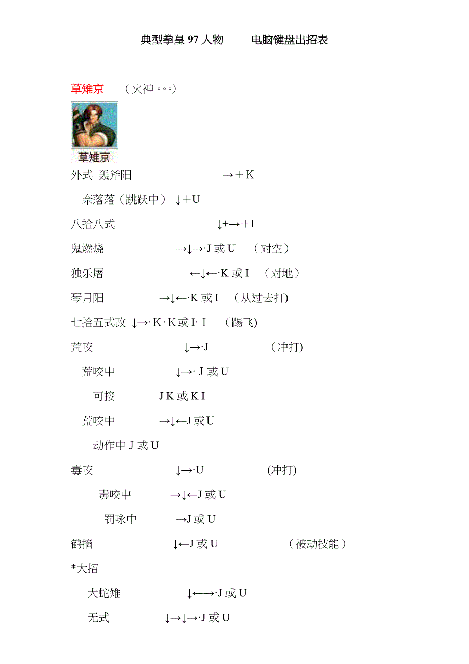 拳皇97人物绝对电脑键盘出招表(带图)-街霸97出招表_第1页