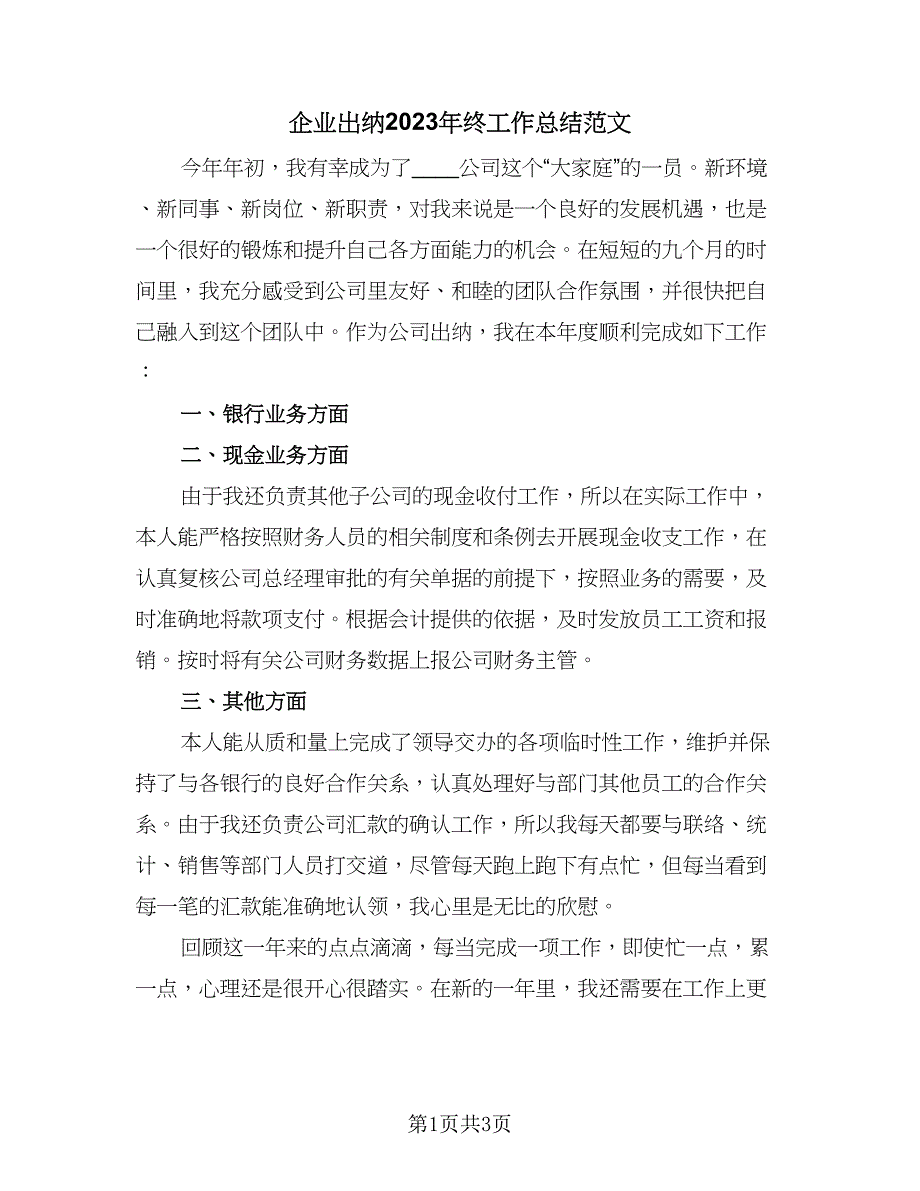 企业出纳2023年终工作总结范文（2篇）.doc_第1页