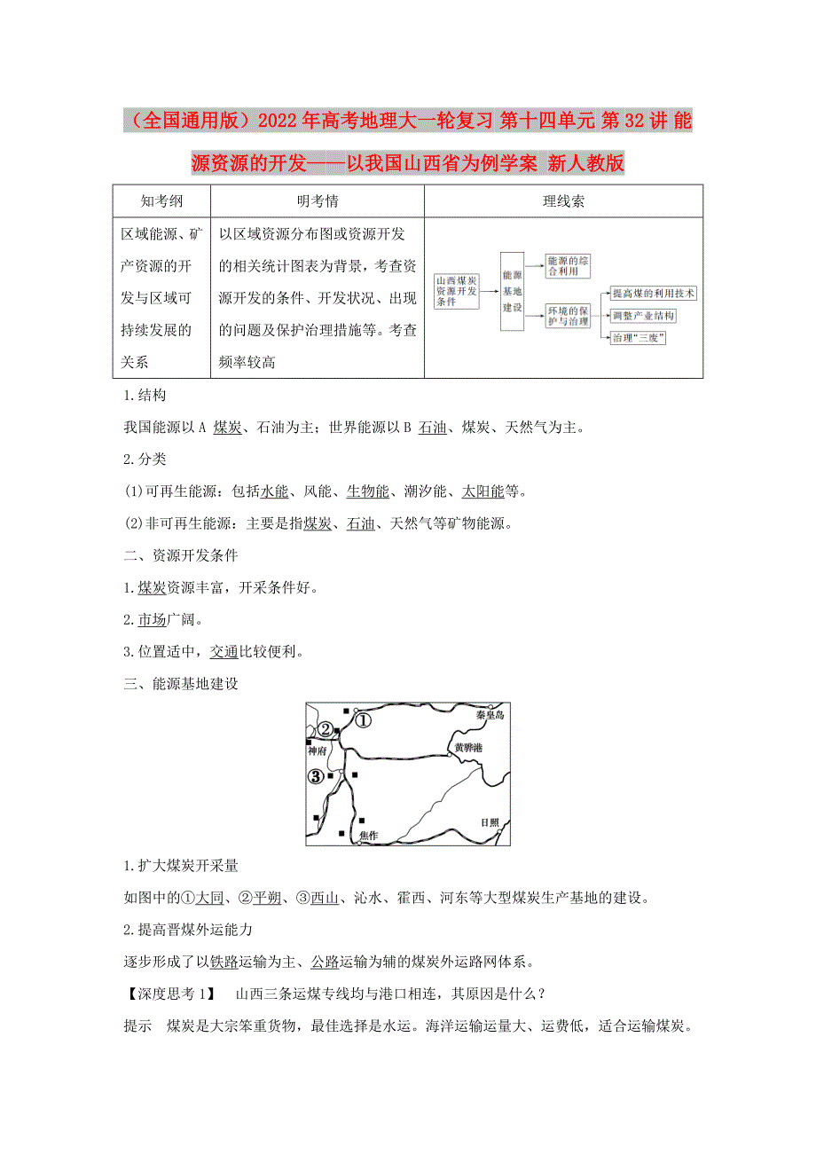 （全国通用版）2022年高考地理大一轮复习 第十四单元 第32讲 能源资源的开发——以我国山西省为例学案 新人教版_第1页