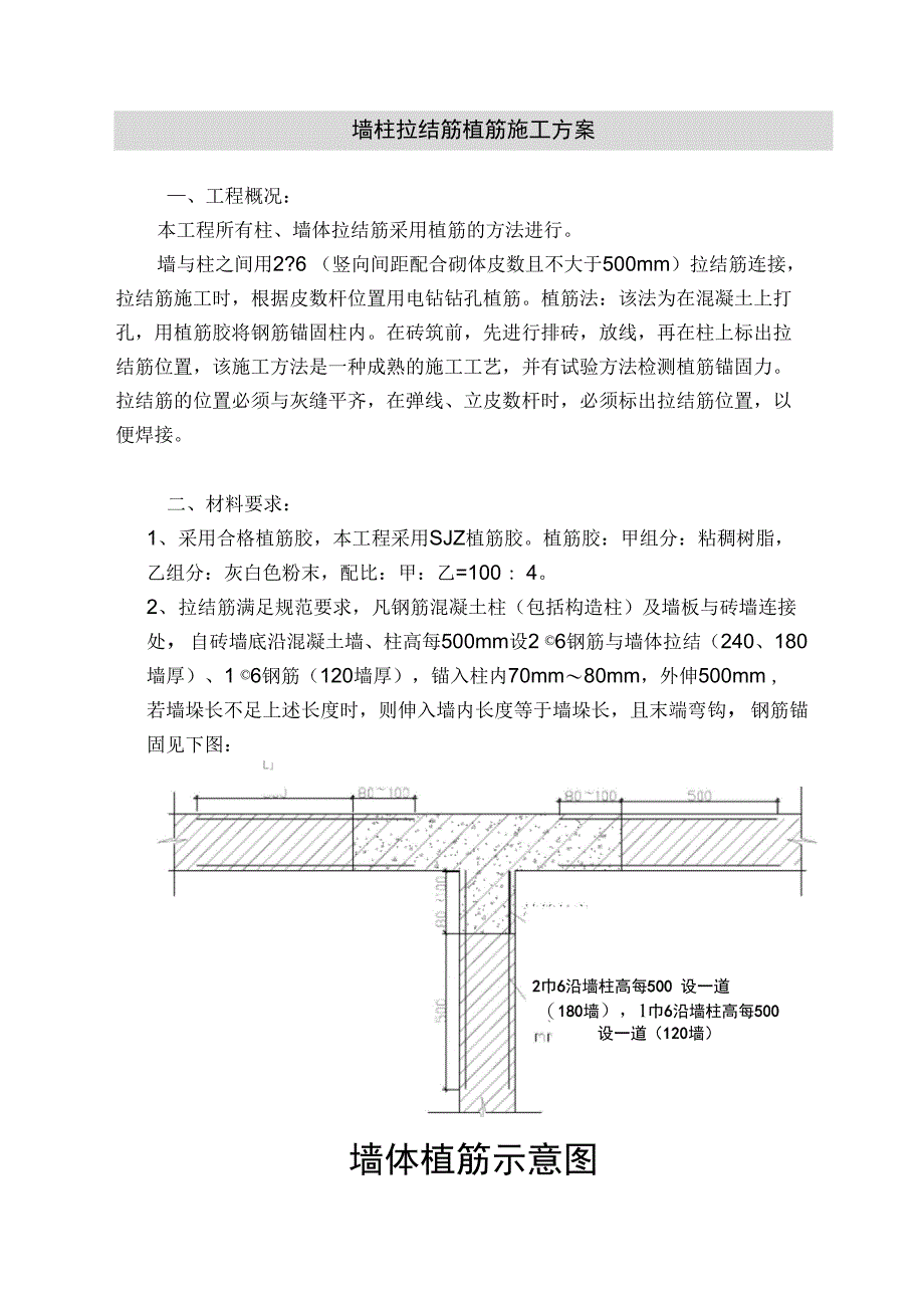 xA墙柱拉结筋植筋施工方案(DOC 12页)_第1页