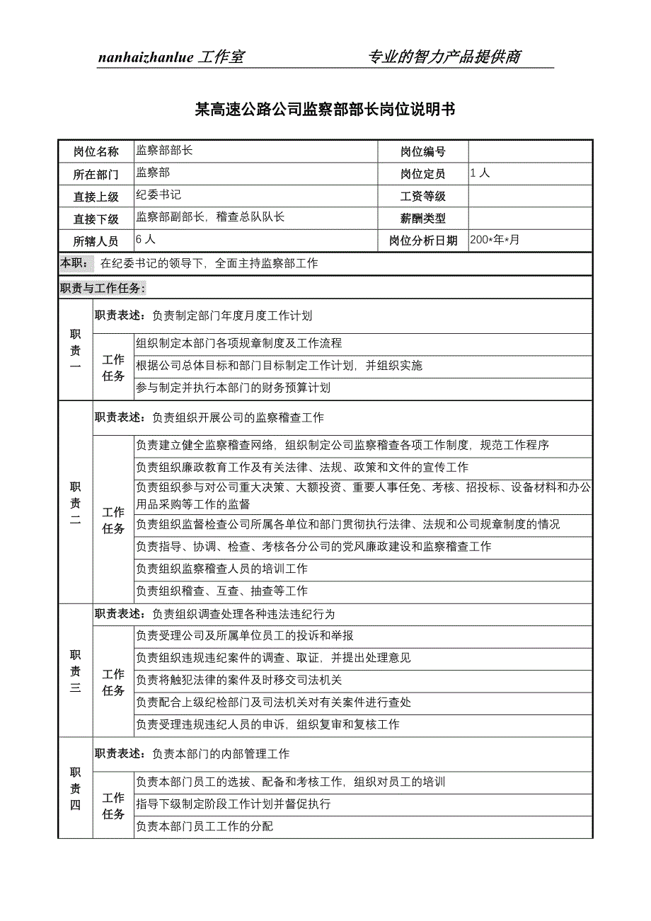 某高速公路公司监察部部长岗位说明书_第1页