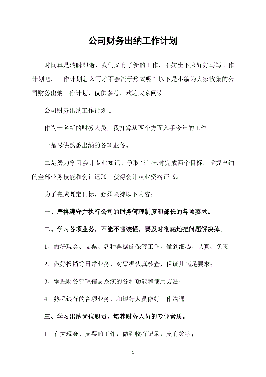 公司财务出纳工作计划_第1页