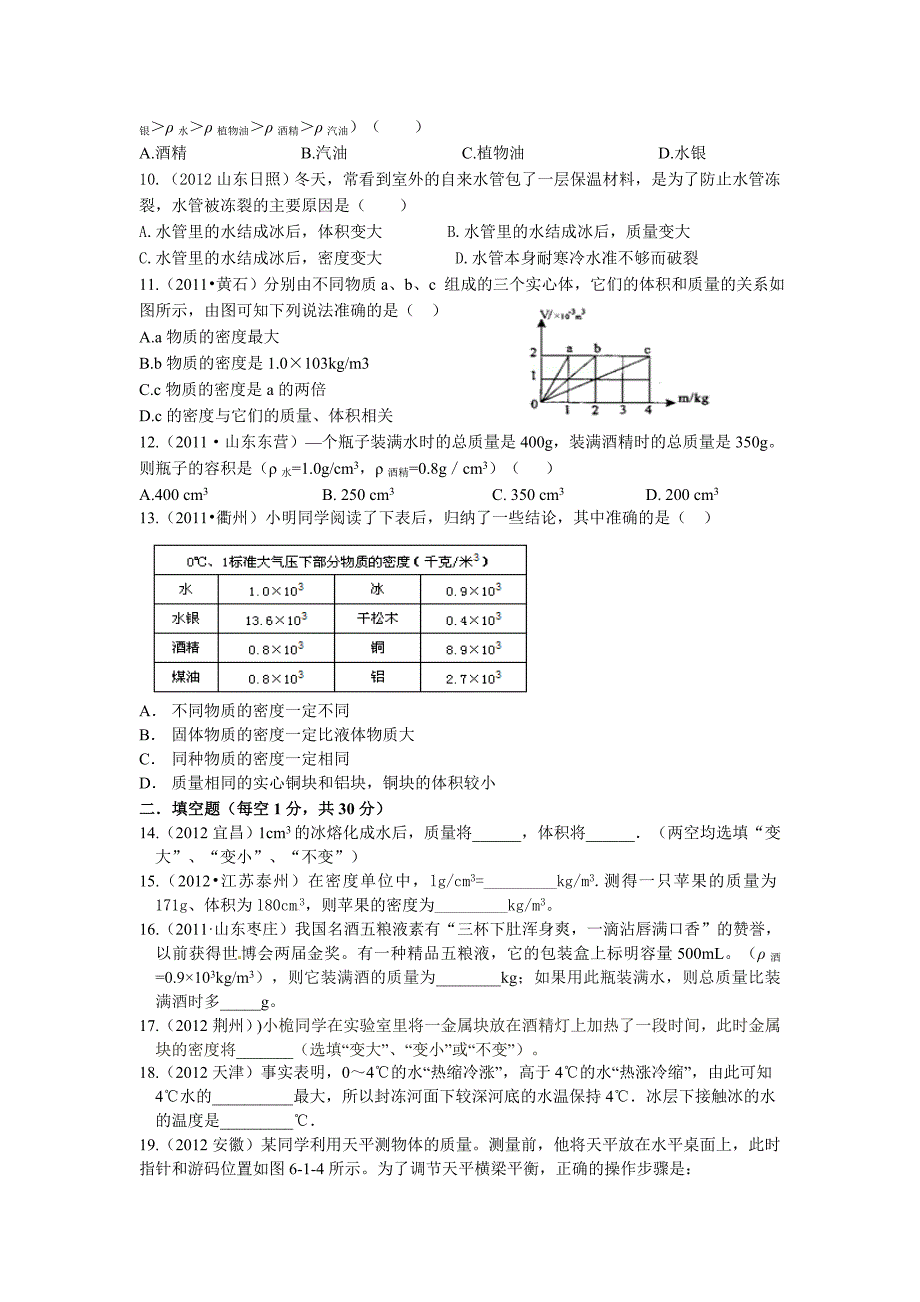 最新人教版八年级物理第六章：质量和密度单元测试题_第2页