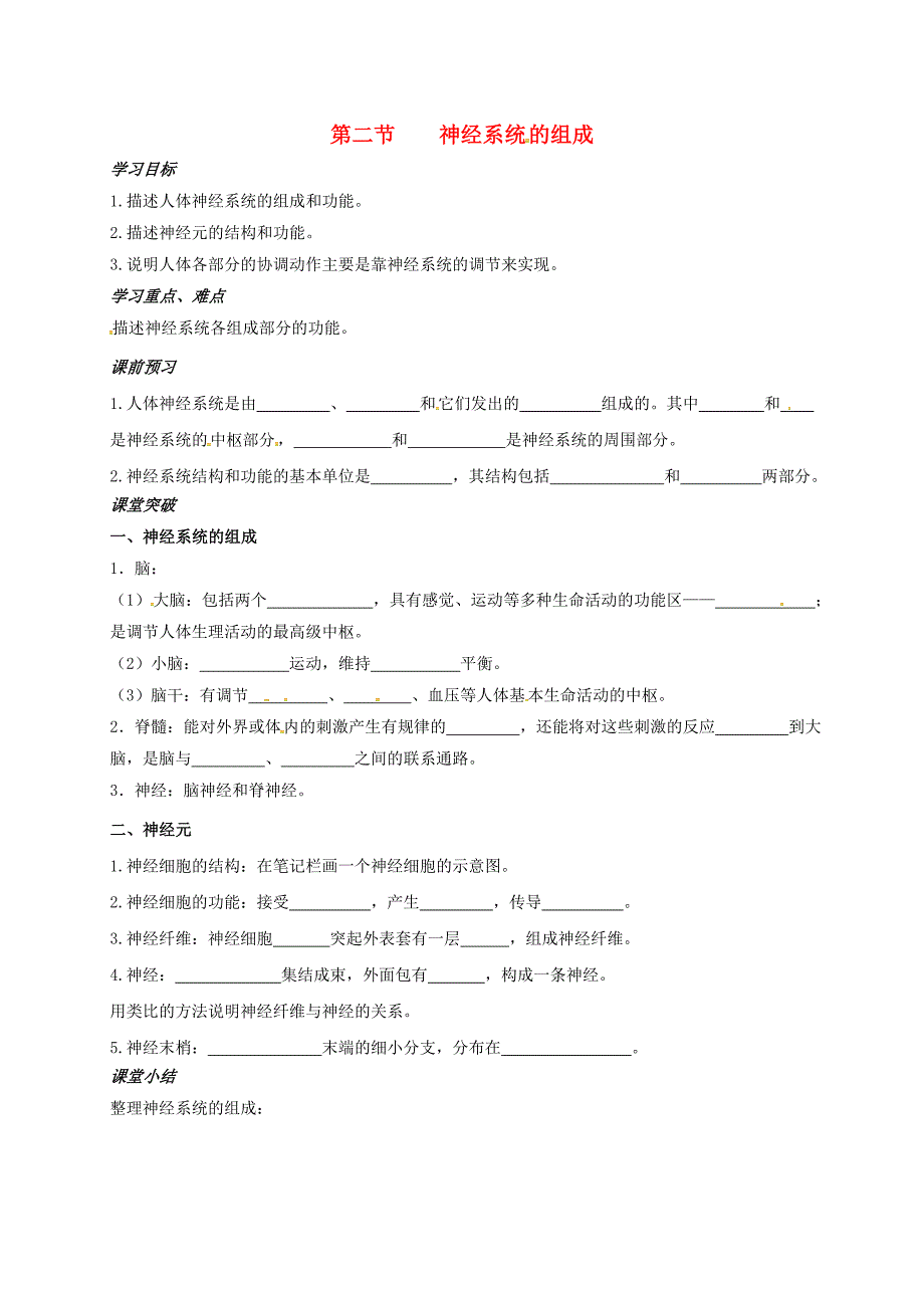 精选类山东省青岛七年级生物下册6.2神经系统的组成导学案1无答案新版新人教版通用_第1页