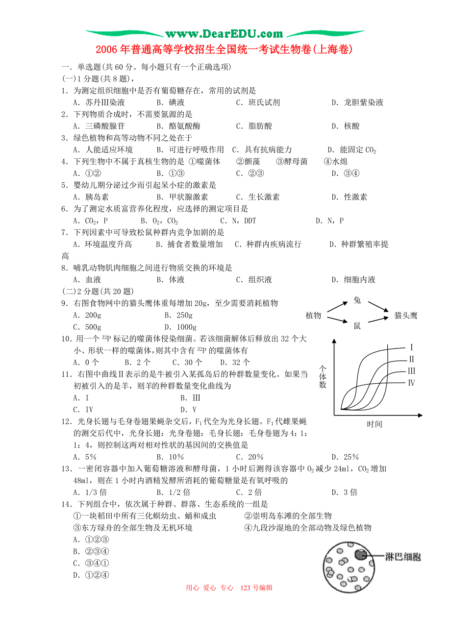 普通高等学校招生全国统一考试生物卷上海卷_第1页