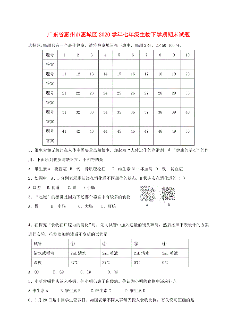 广东省惠州市惠城区2020学年七年级生物下学期期末试题 新人教版_第1页