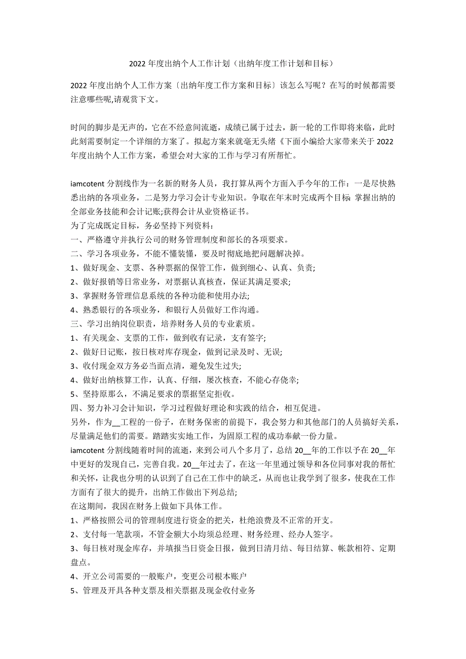 2022年度出纳个人工作计划（出纳年度工作计划和目标）_第1页