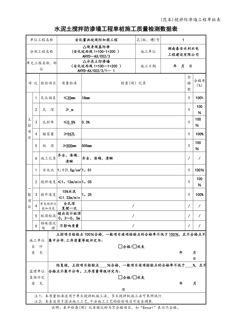 (范本)搅拌防渗墙工程单桩表.doc_第1页