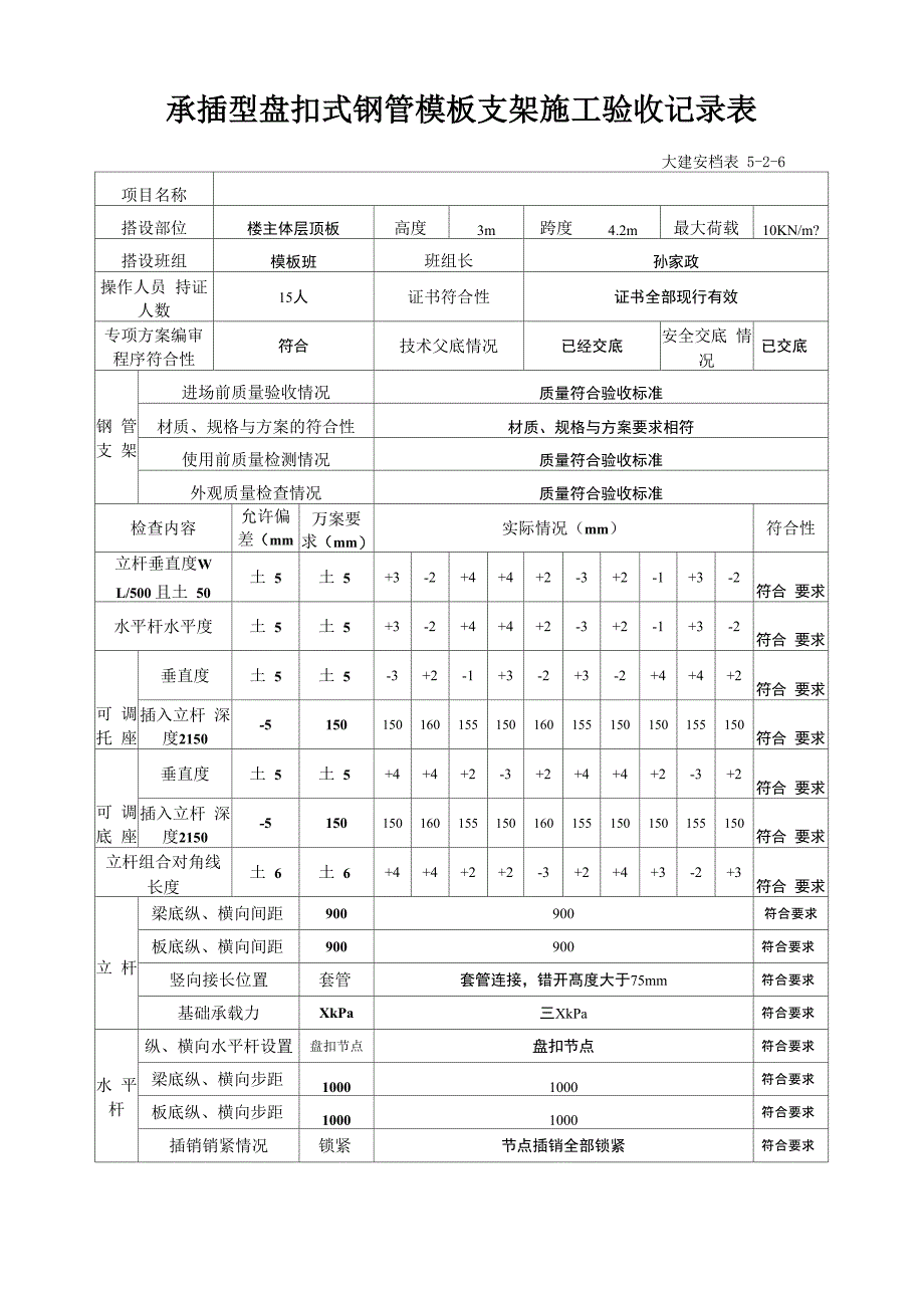 承插型盘扣式钢管模板支架施工验收记录表_第1页