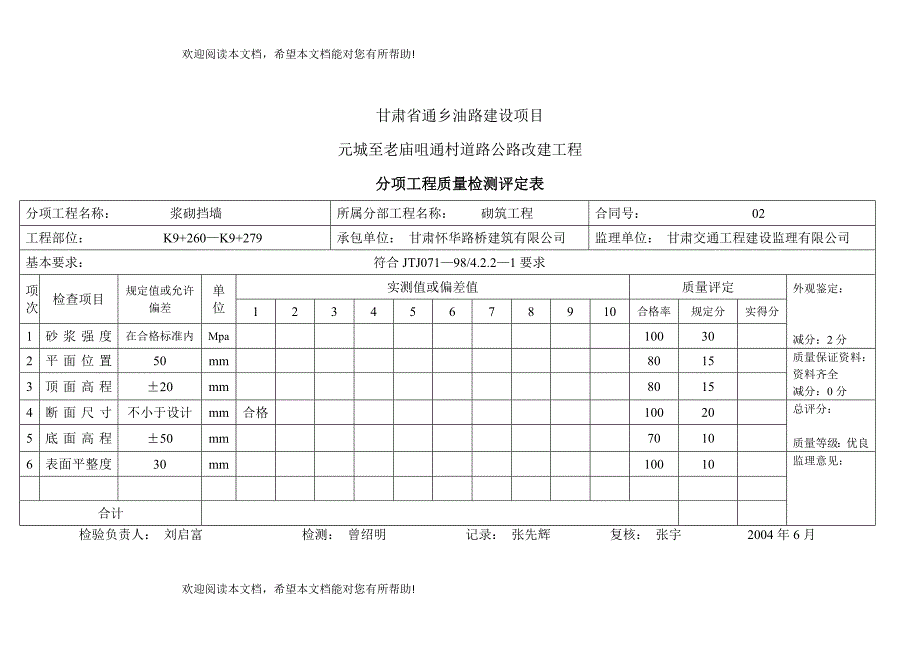 ()分项工程质量检测评定表(路肩墙)_第1页