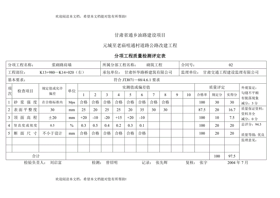 ()分项工程质量检测评定表(路肩墙)_第3页