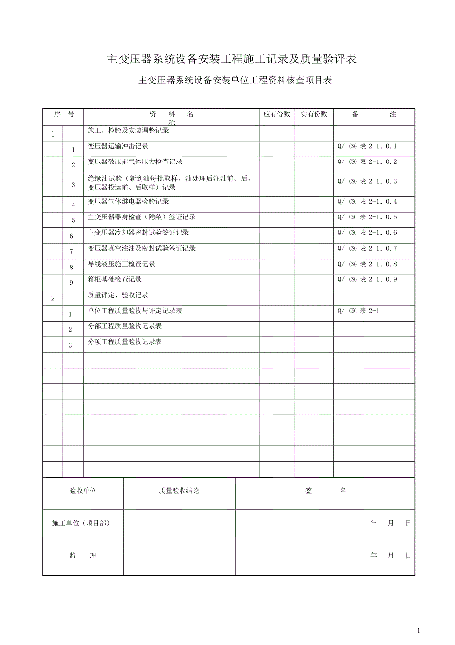 (版)1主变压器系统设备安装工程施工记录及质量验评表_第1页