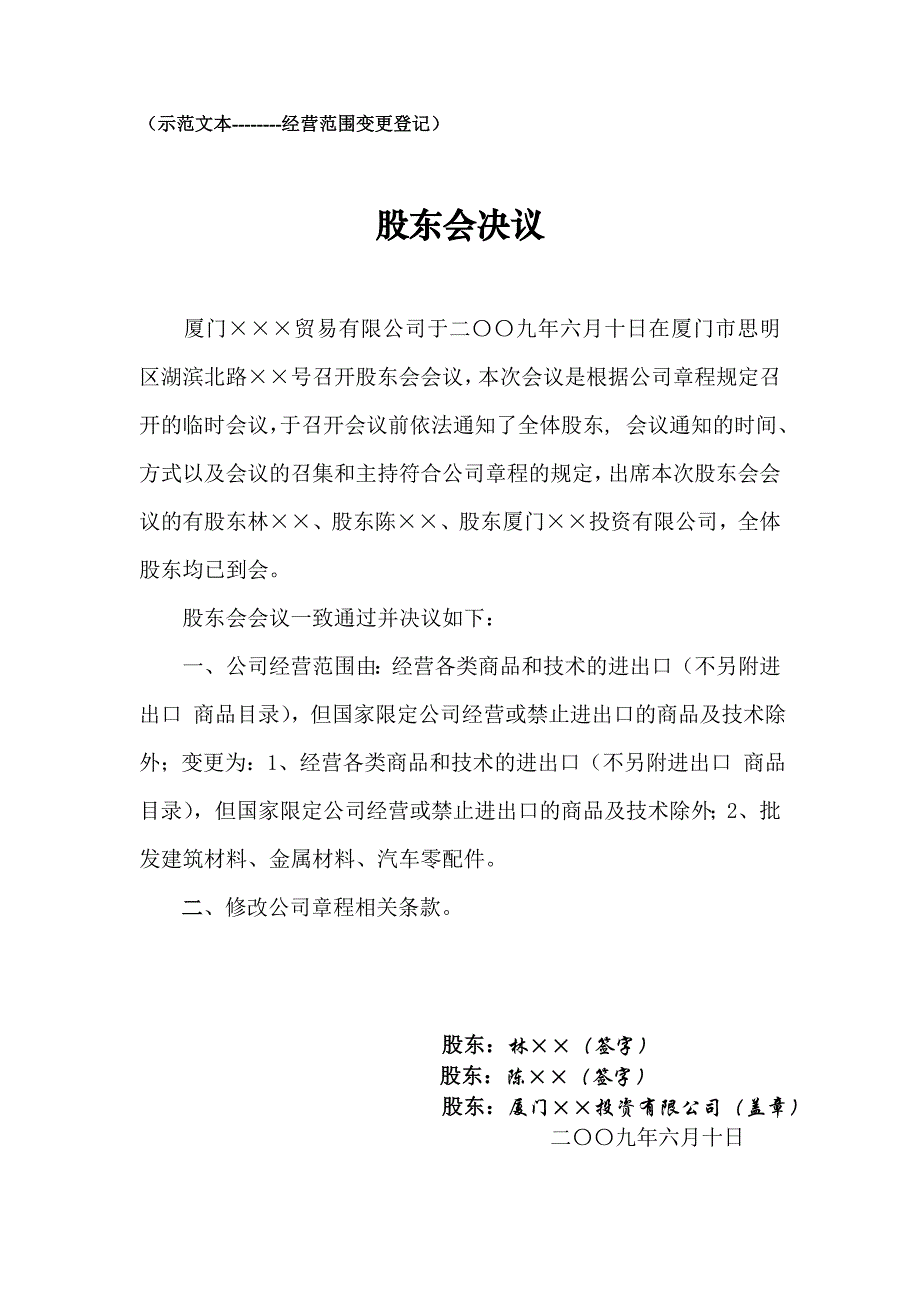 公司经营范围变更登记示范文本-股东会决议、章程修正案等示范文本.doc_第1页