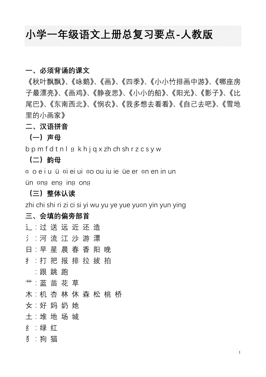 小学一年级语文上册总复习人教版_第1页