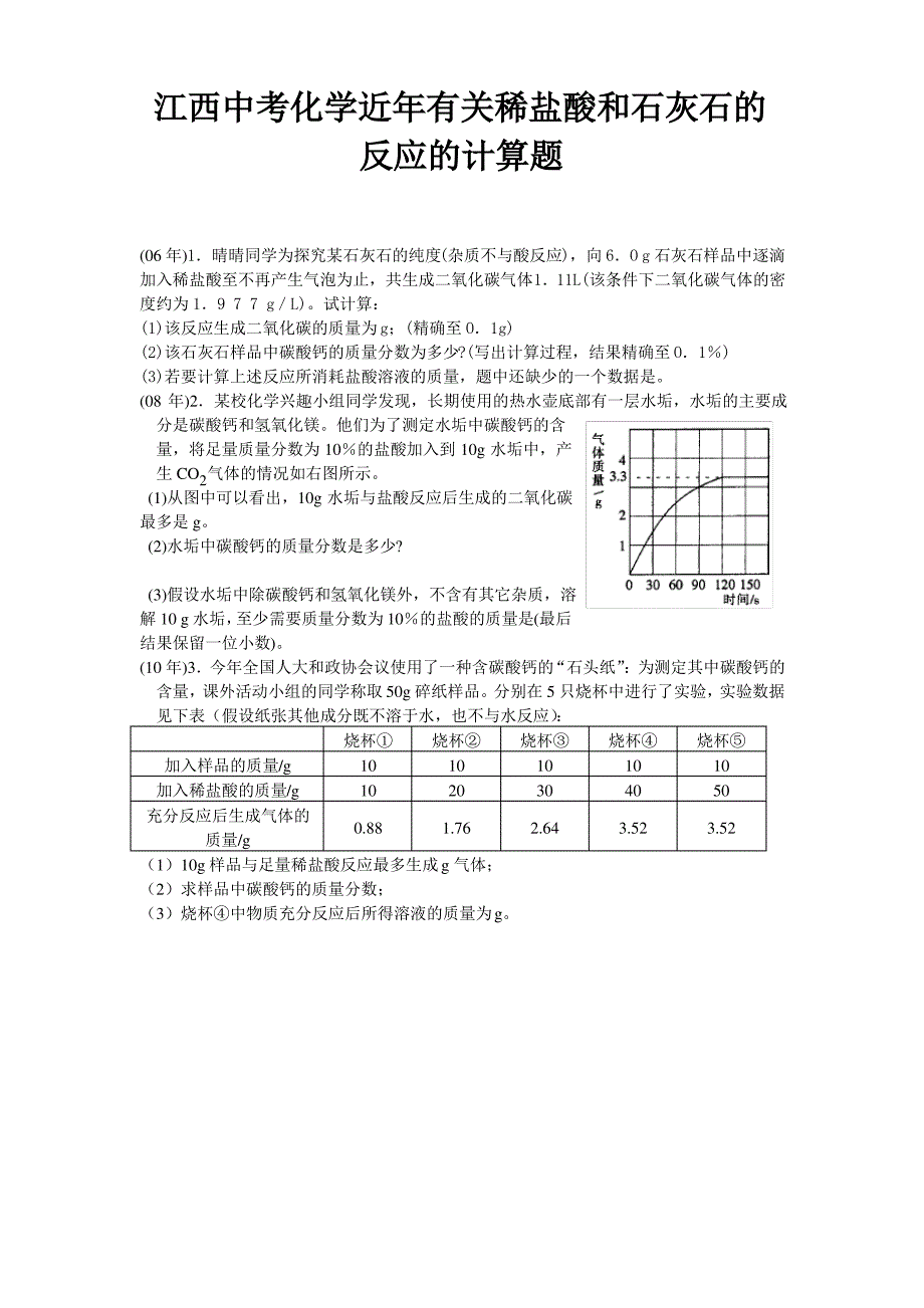 江西中考化学近年有关稀盐酸和石灰石的反应的计算题_第1页