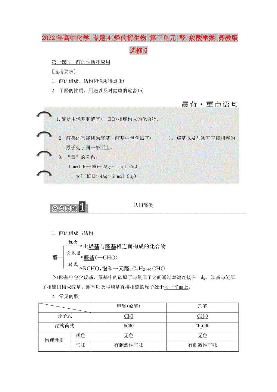 2022年高中化学 专题4 烃的衍生物 第三单元 醛 羧酸学案 苏教版选修5_第1页