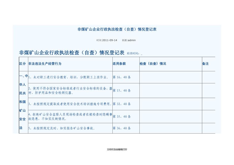 矿山危化烟花企业行政执法检查表_第1页