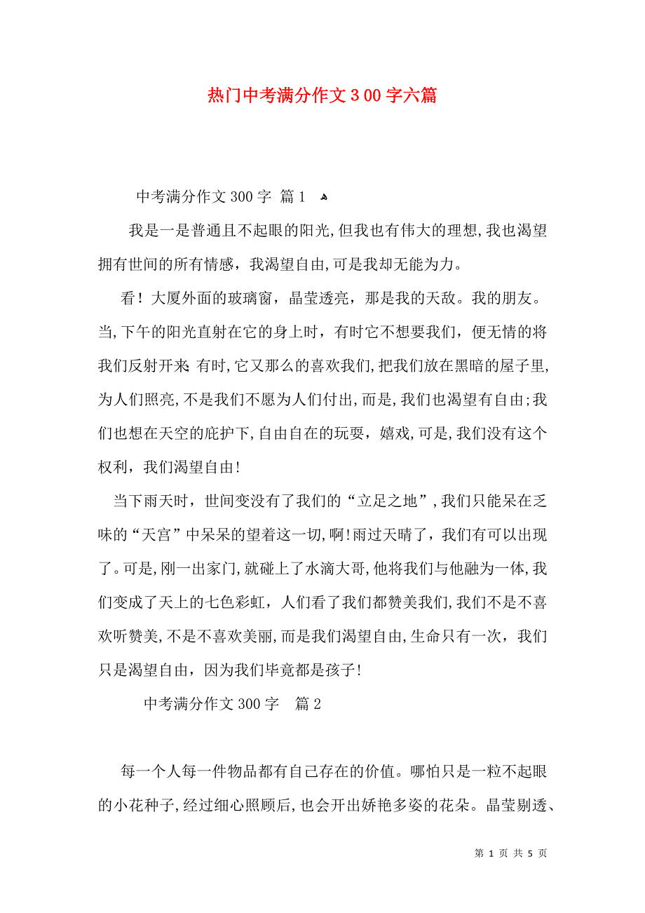 热门中考满分作文300字六篇_第1页