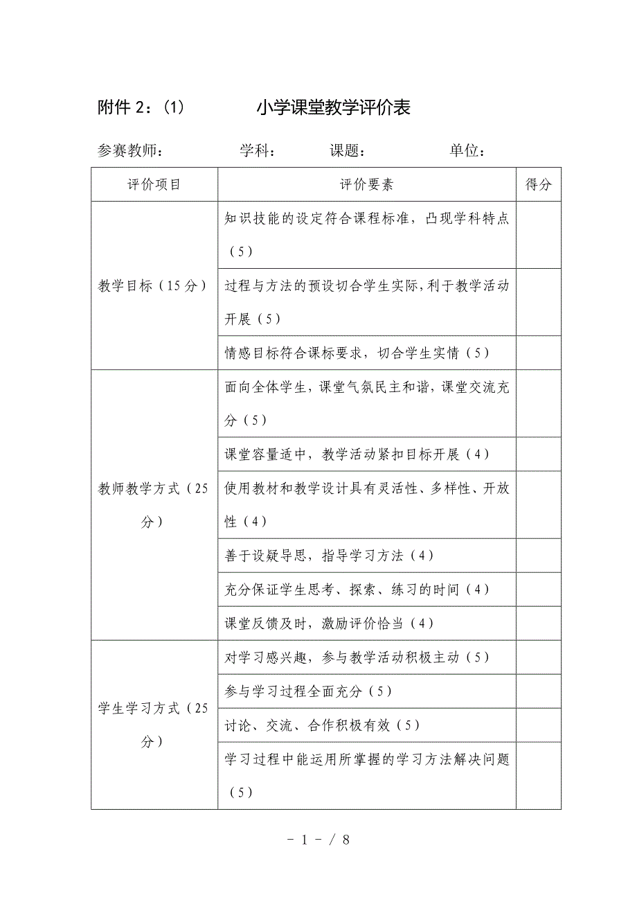 最新课堂教学评价表参考_第1页