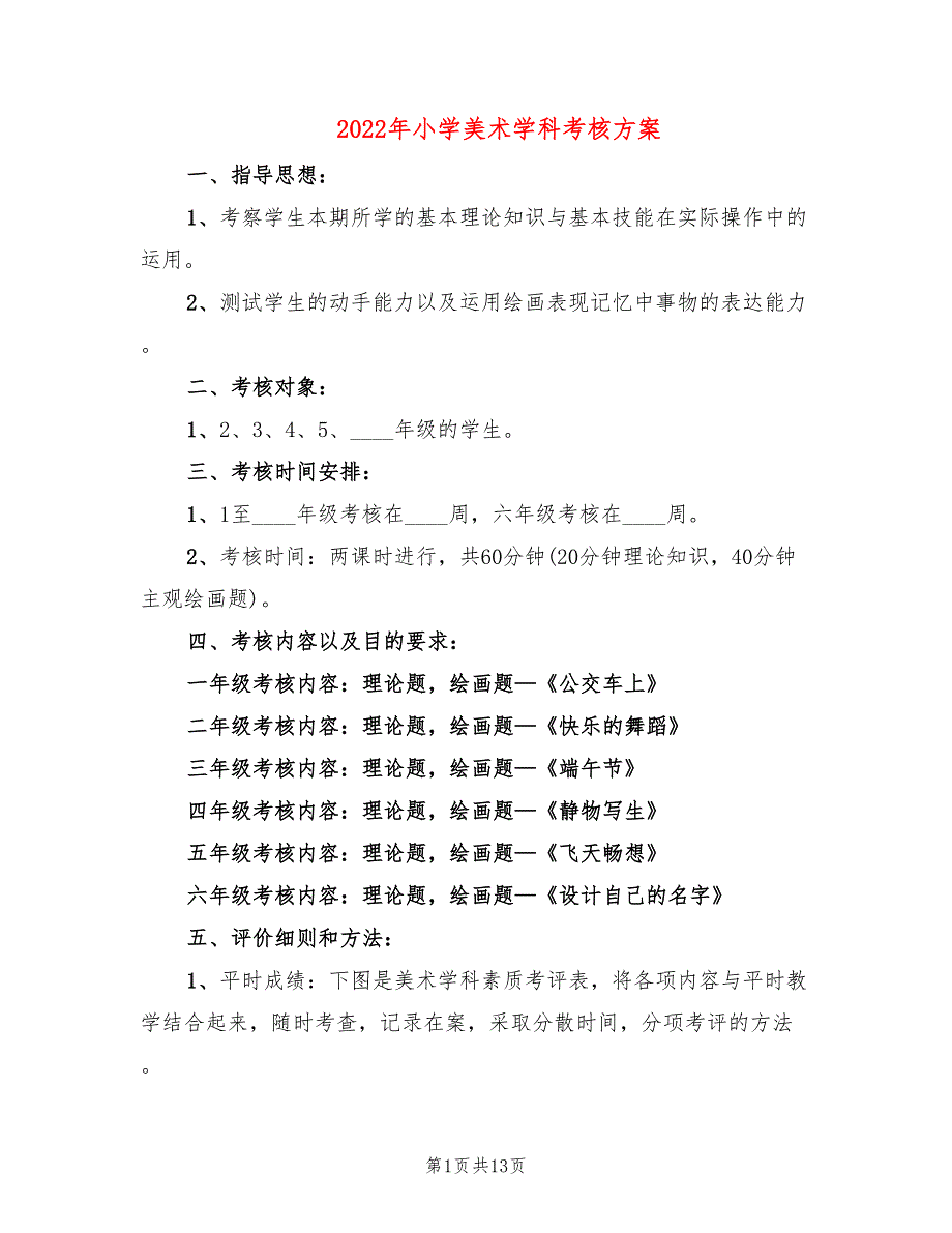 2022年小学美术学科考核方案_第1页