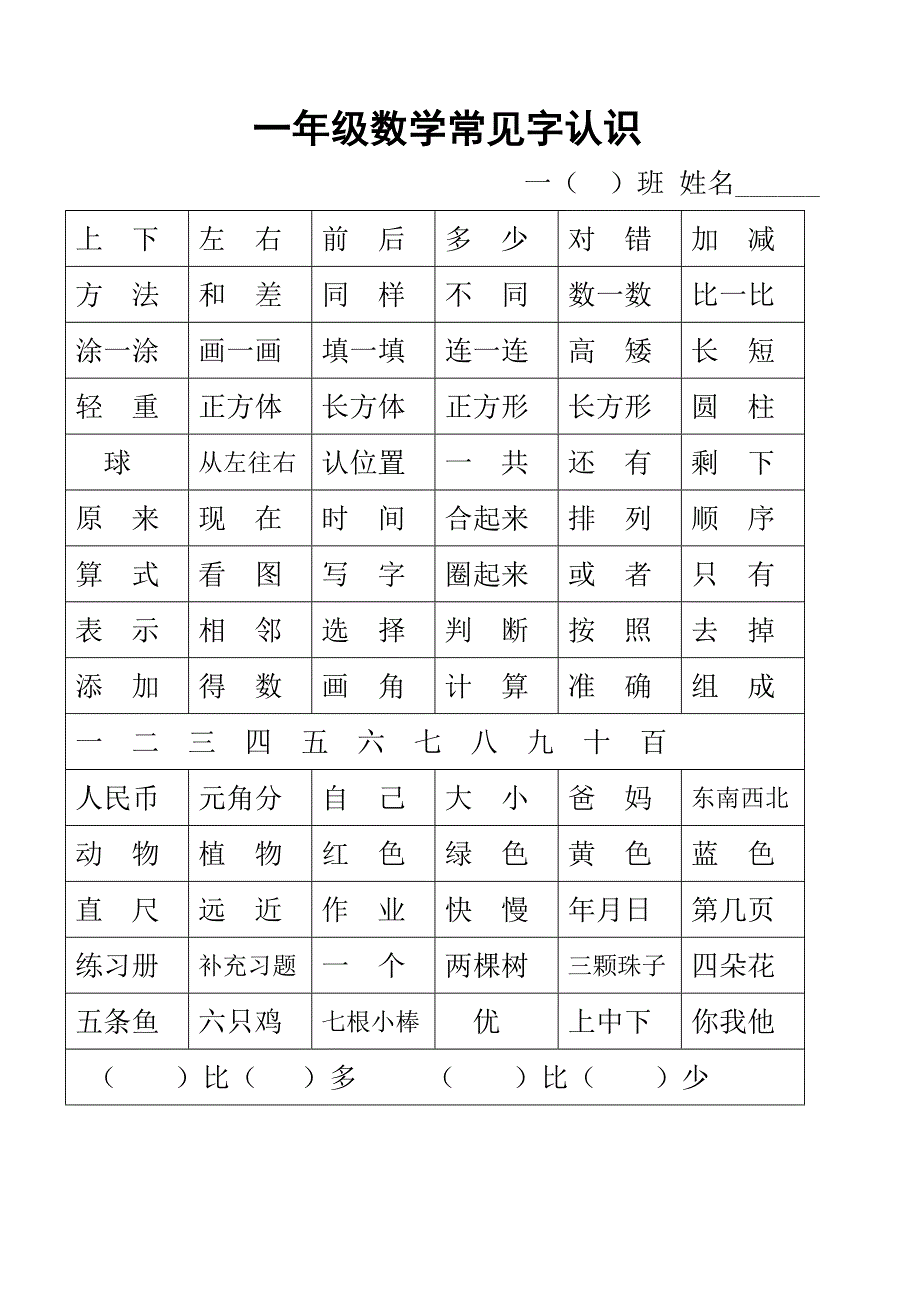 一年级数学常见字认识及符号练习(教育精品)_第1页
