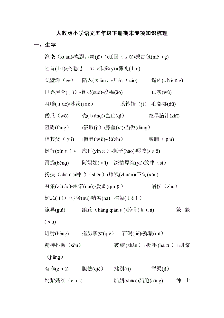 人教部编版五年级5年级语文下册期中期末资料专项复习人教版小学语文五年级下册期末专项知识梳理_第1页