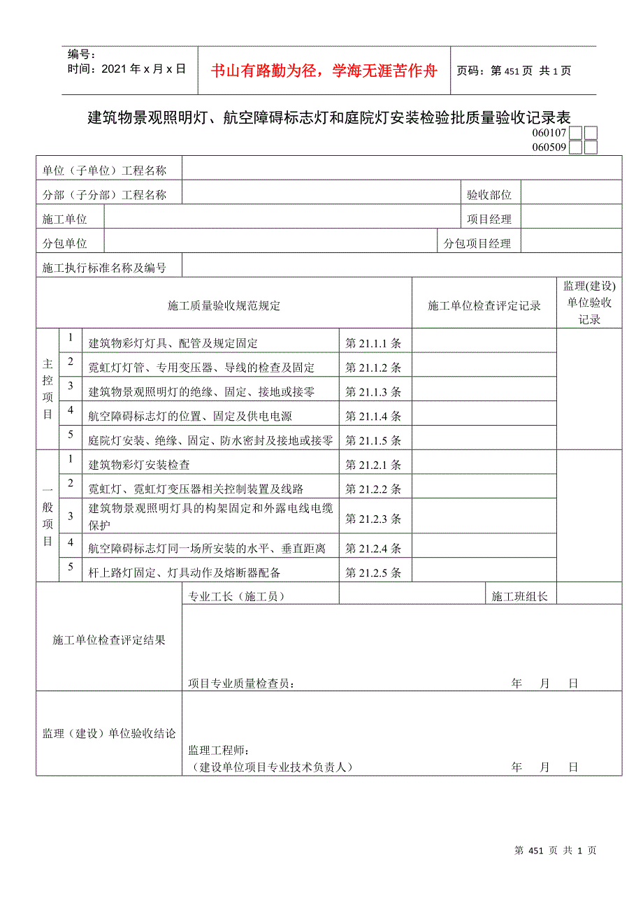 建筑物景观照明灯、航空障碍标志灯和庭院灯安装检验批质量验收记录表_第1页