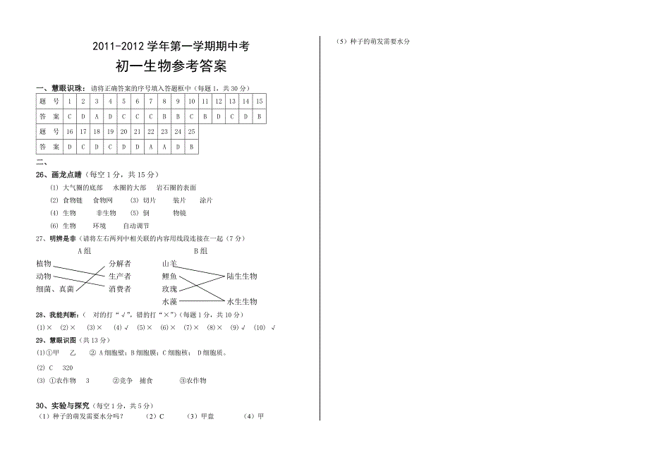 初一人教版上册生物半期考_第3页