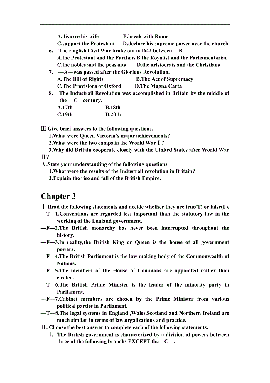 英语国家概况课后习题(附答案)_第3页