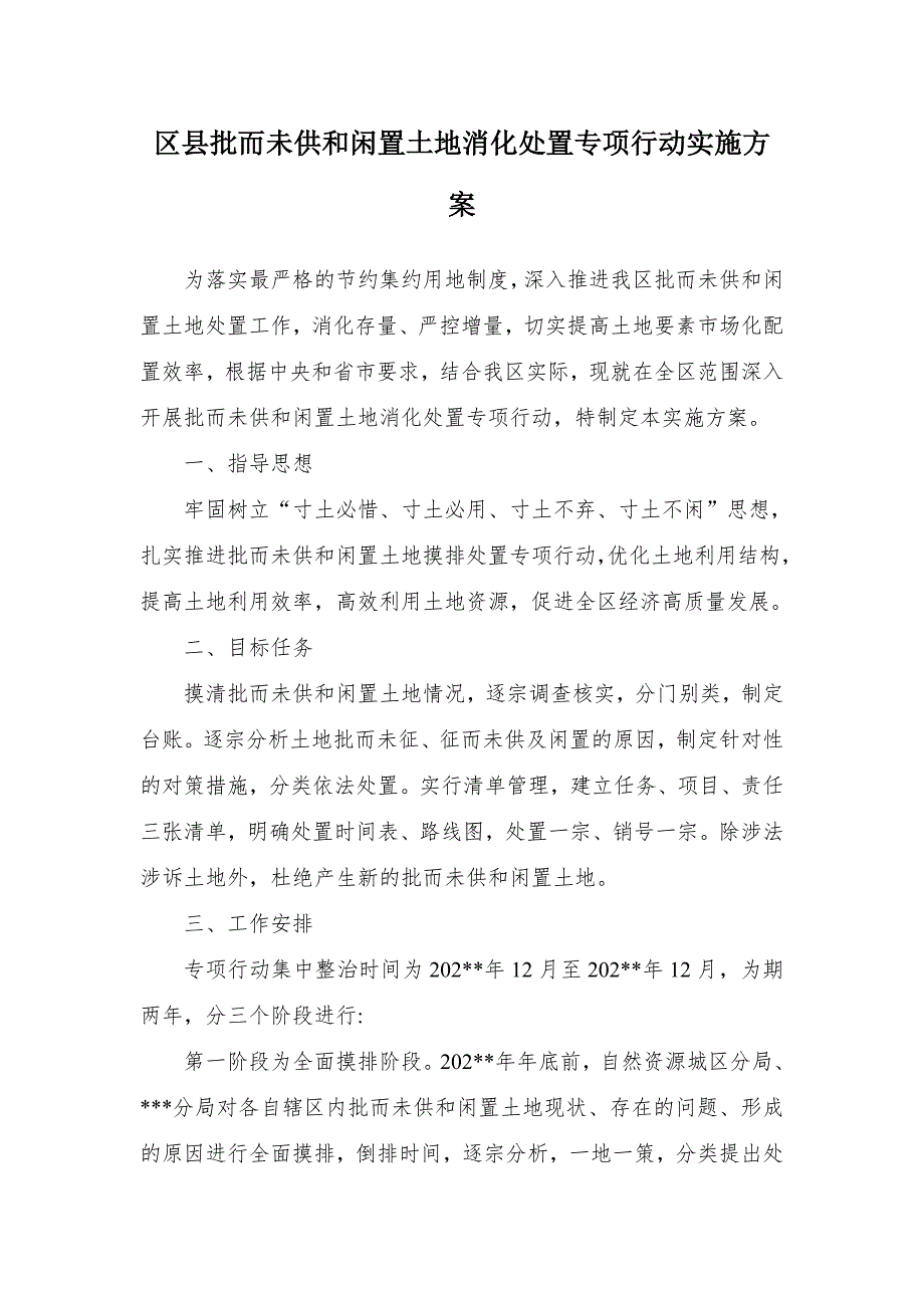 批而未供和闲置土地消化处置专项行动实施方案（示范文本）.docx_第1页