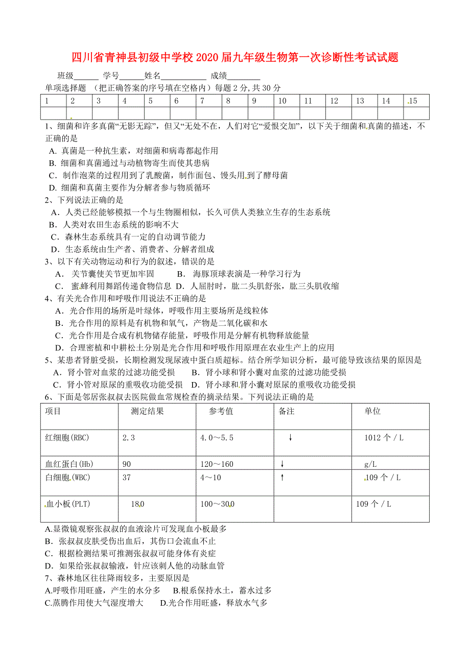 四川省青神县初级中学校九年级生物第一次诊断性考试试题无答案_第1页