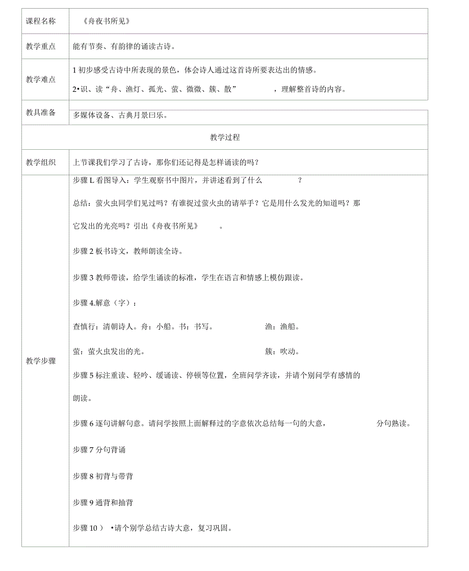 名牌小学国学经典国文诵读《舟夜书所见》校本课程表格式教案_第1页