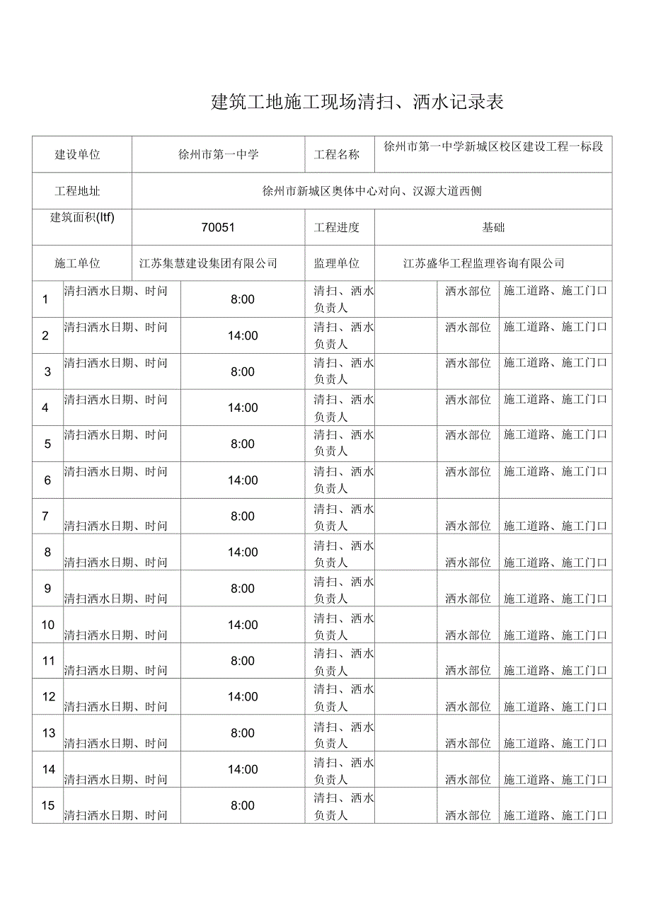 建筑工地施工现场洒水记录表_第1页