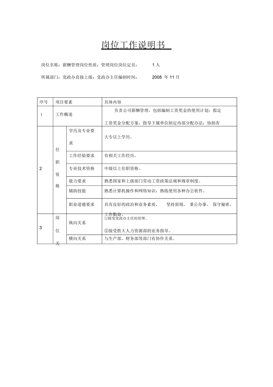 制罐公司党办主任副主任办事员岗位说明书_第1页