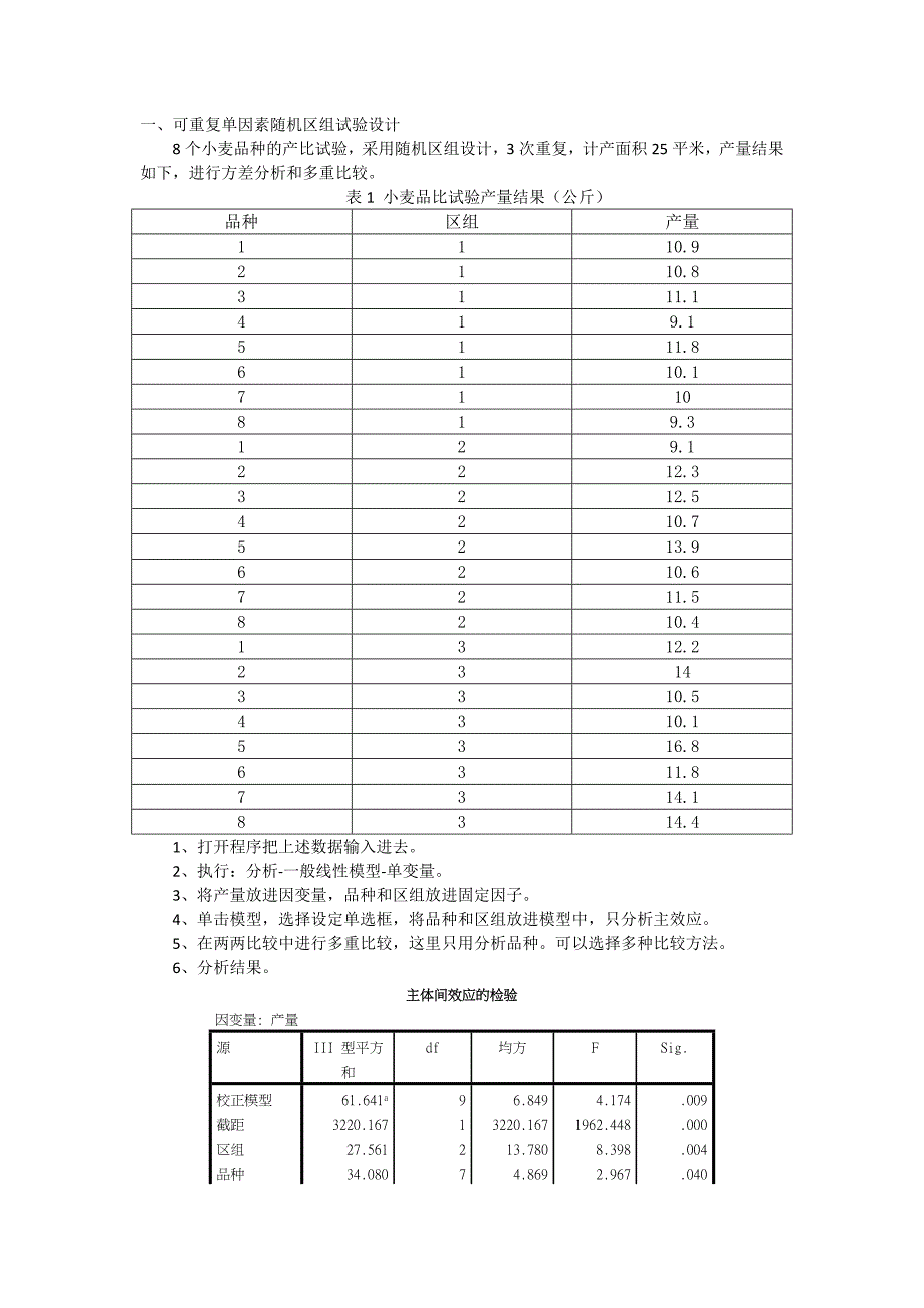 用spss进行可重复单因素随机区组两因素随机区组两因素裂区试验设计及方差分析_第1页