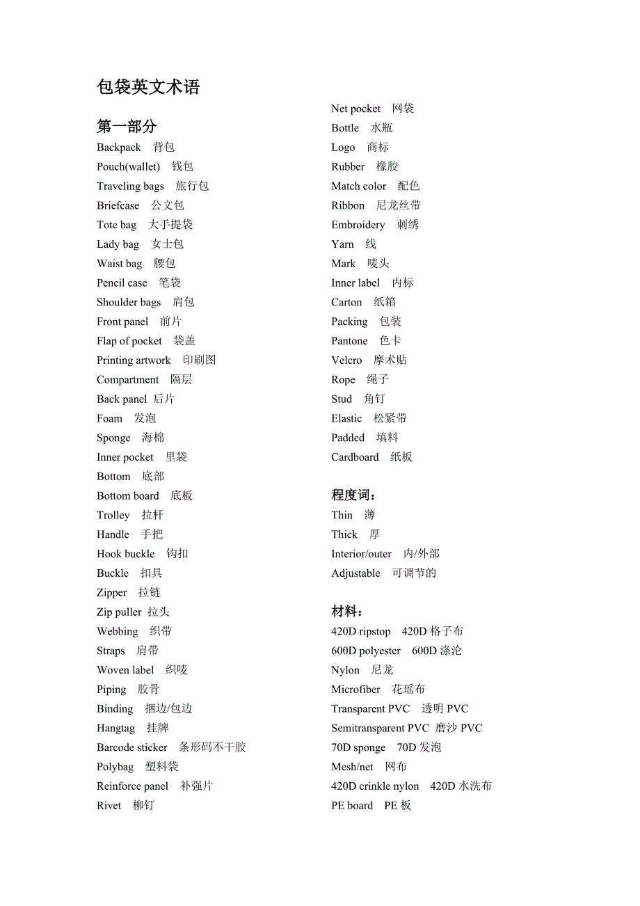 包袋常用英文专业术语.doc_第1页