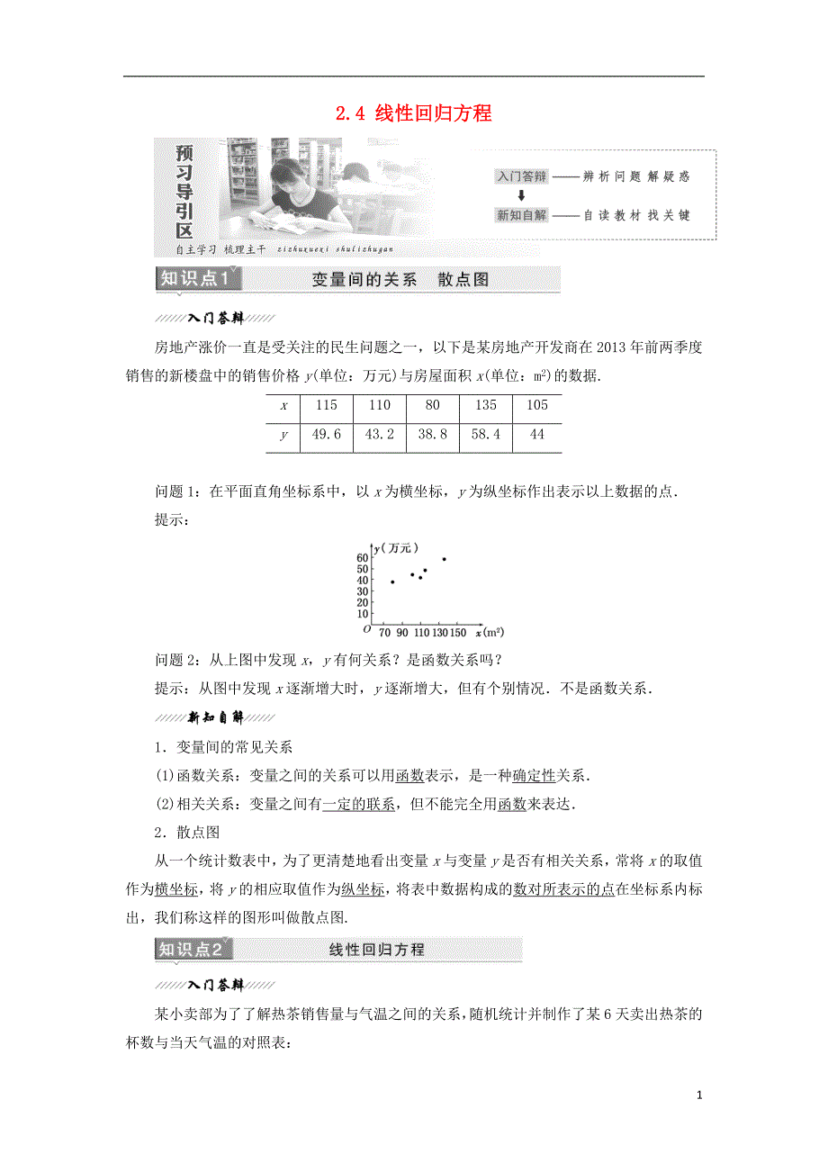 高中数学第2章统计2.4线性回归方程教学案苏教版必修3_第1页