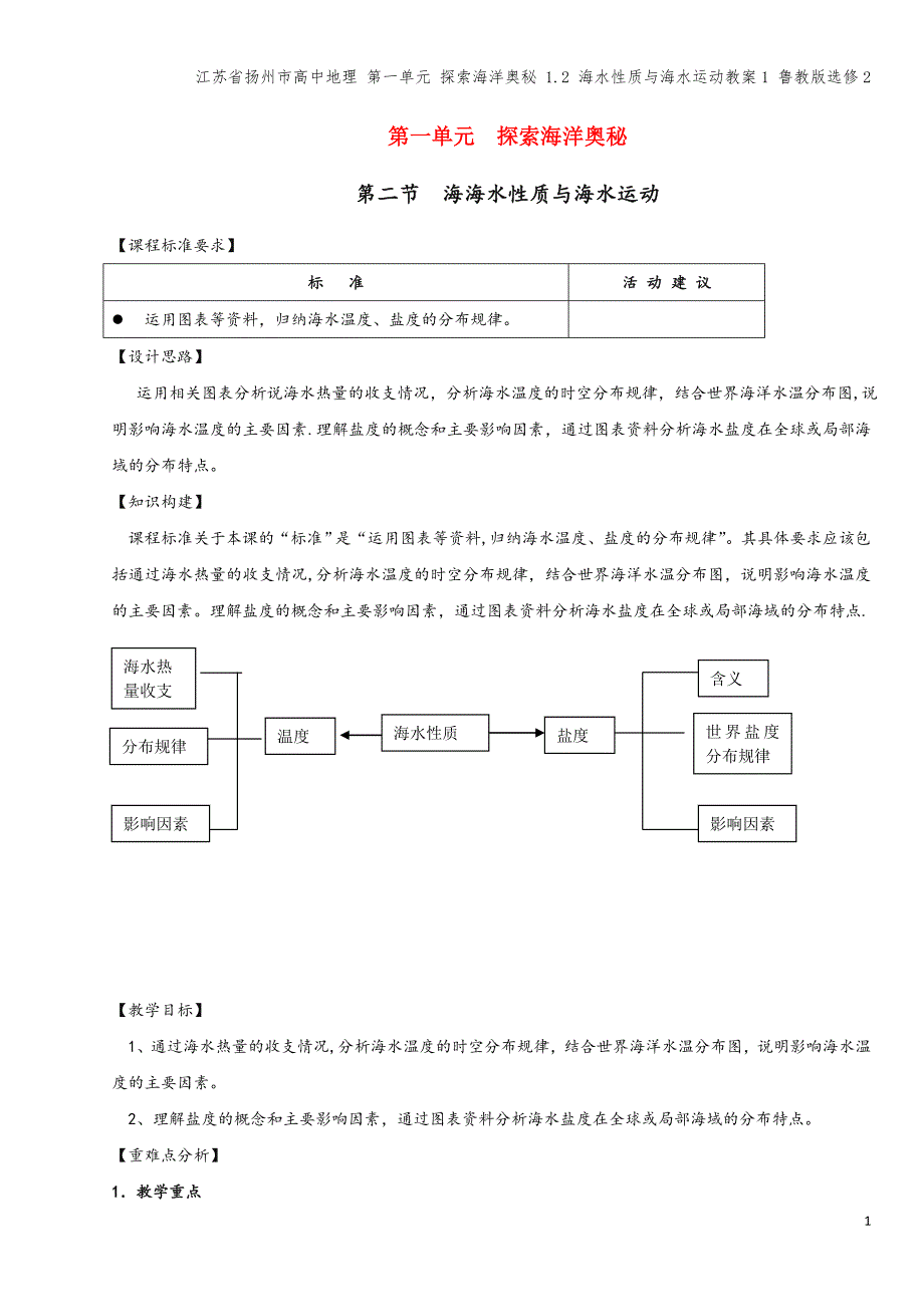 江苏省扬州市高中地理-第一单元-探索海洋奥秘-1.2-海水性质与海水运动教案1-鲁教版选修2.doc_第1页