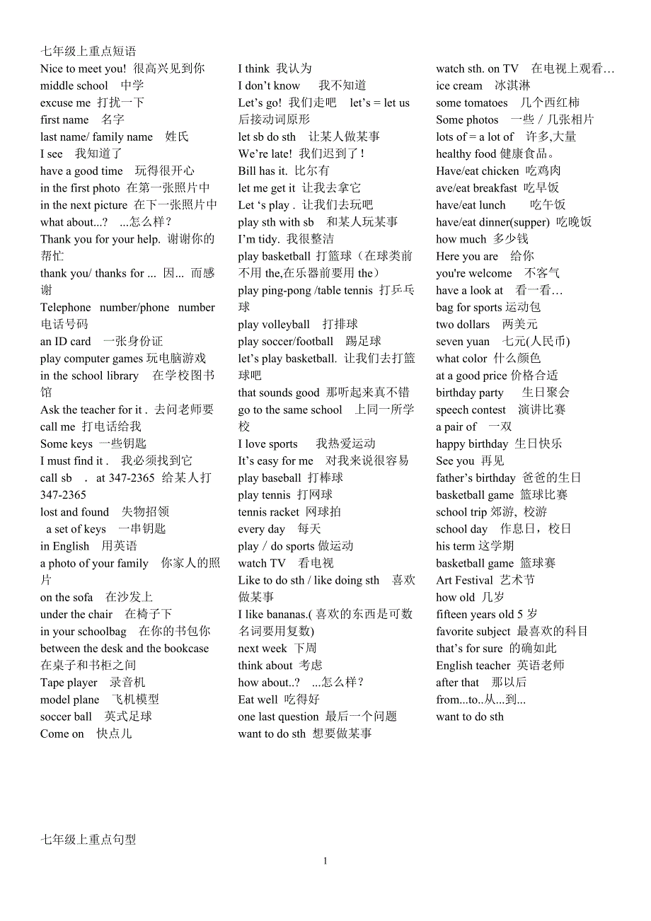 新七年级上重点短语_第1页