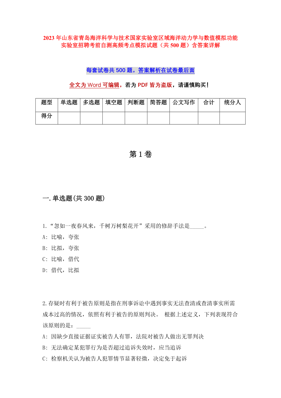 2023年山东省青岛海洋科学与技术国家实验室区域海洋动力学与数值模拟功能实验室招聘考前自测高频考点模拟试题（共500题）含答案详解_第1页