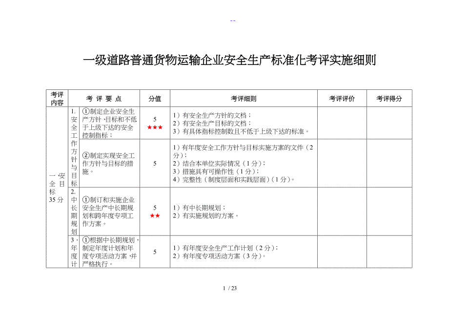 一级道路普通货物运输企业安全生产标准化考评实施细则_第1页