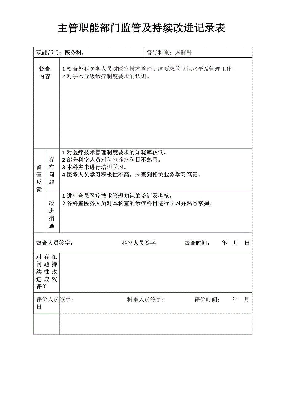 医院职能部门监管麻醉及持续改进表.doc_第1页