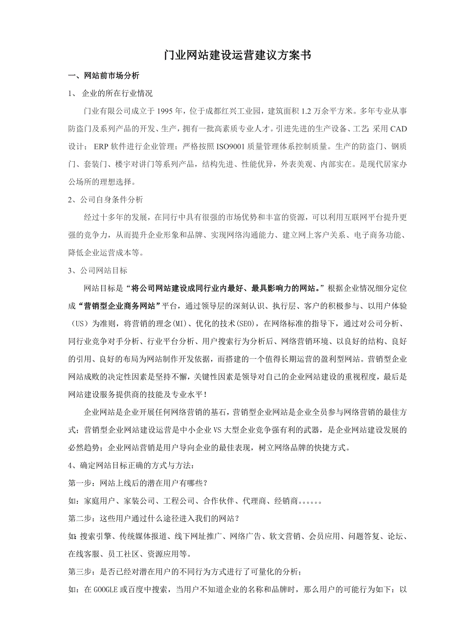 门业网站建设运营建议方案_第1页