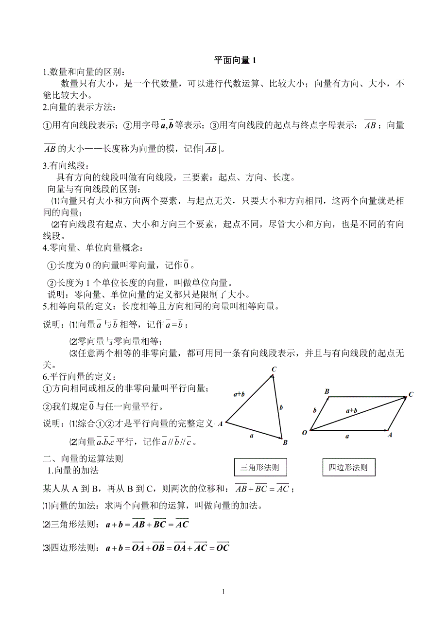 平面向量基本概念与运算法则(含基础练习题)_第1页