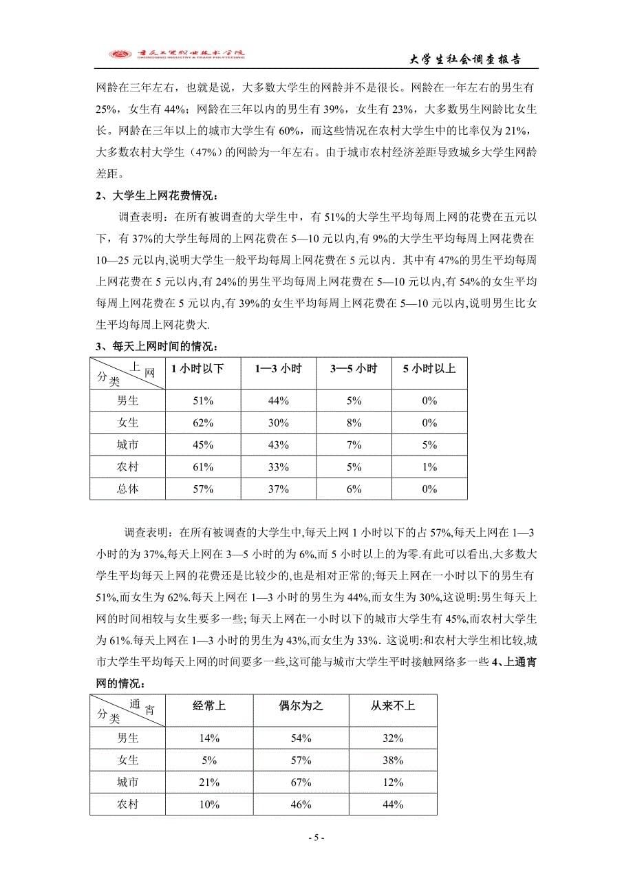 大学生社会调查报告：大学生上网情况调查_第5页