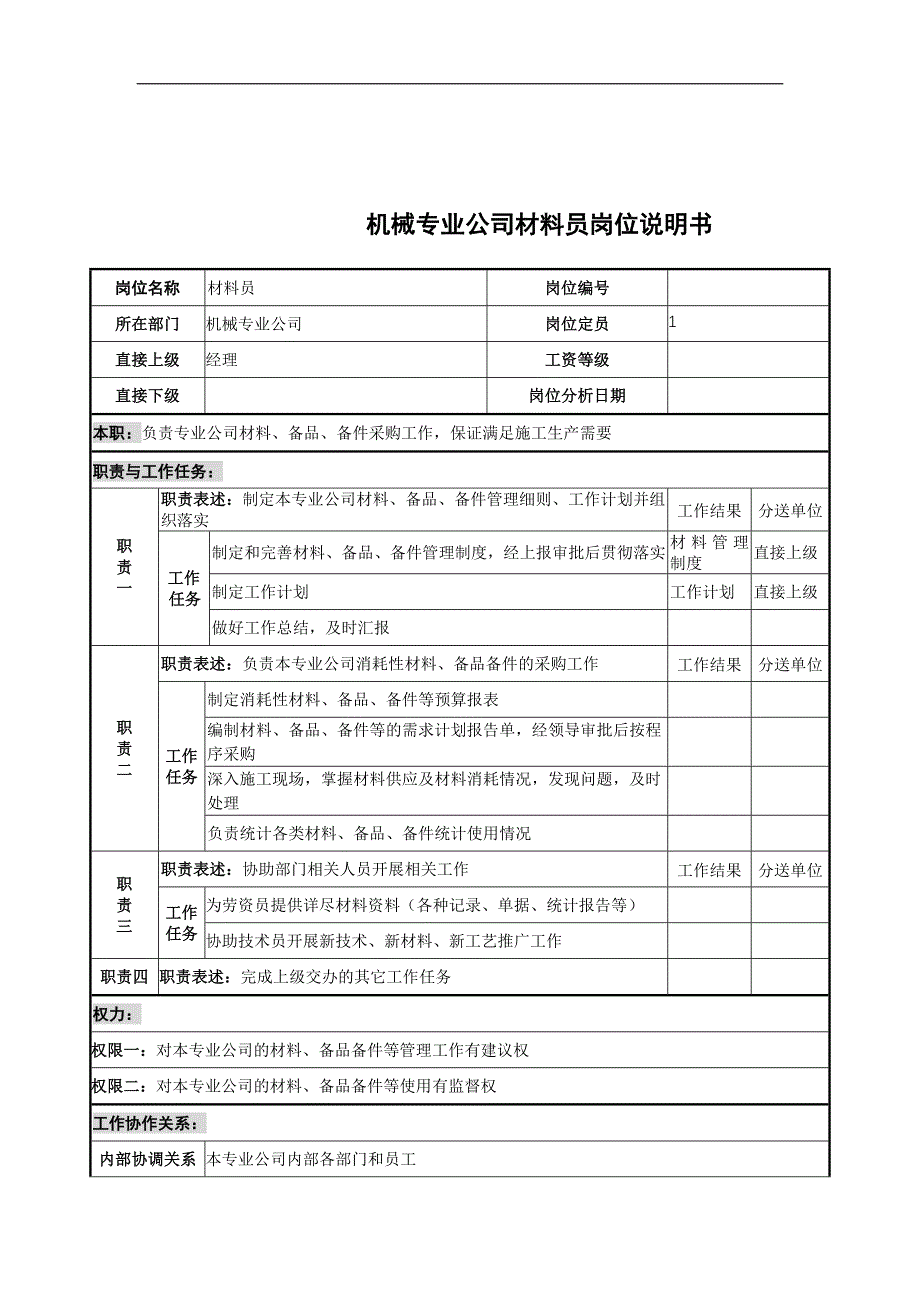 机械专业公司材料员岗位说明书_第1页