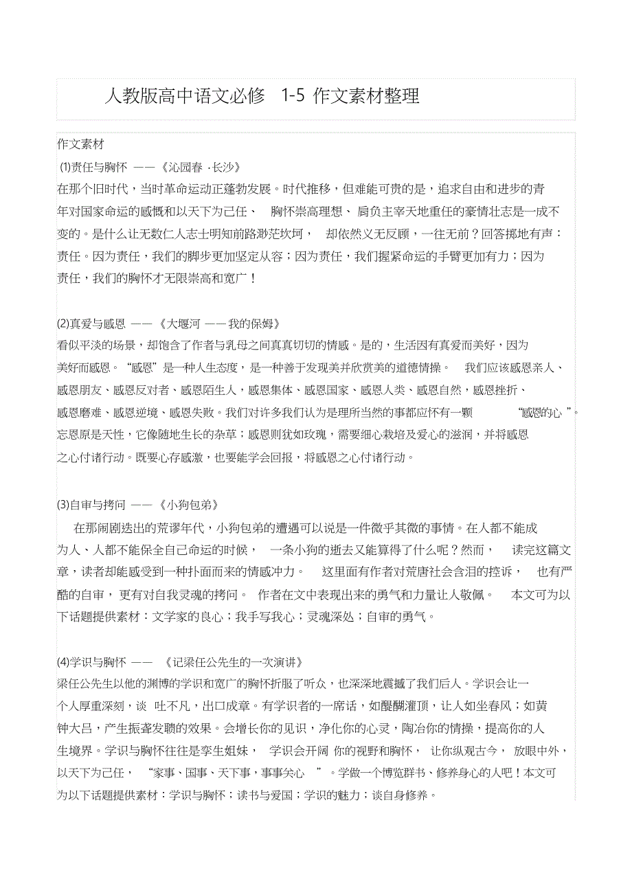 高中语文必修1-5课本作文素材超全整理_第1页