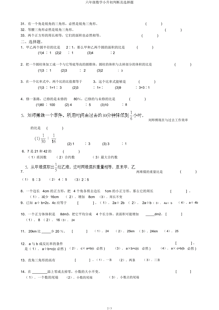 六年级数学小升初判断及选择题.docx_第2页